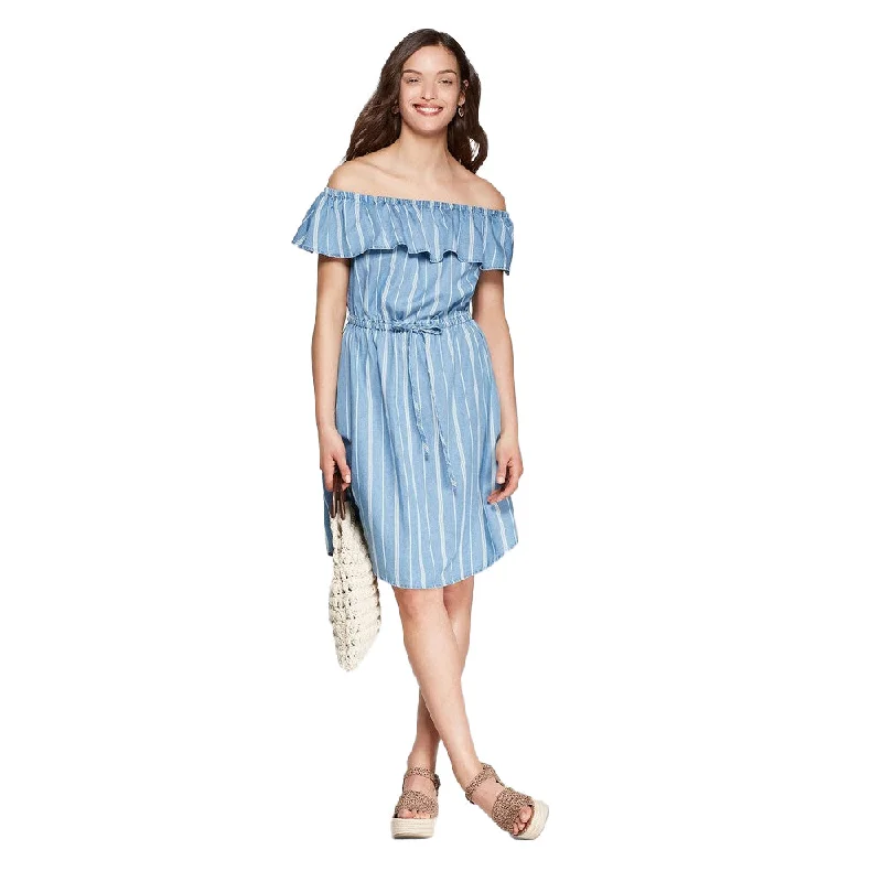 Flash Sale Online Women's Striped Ruffle Off Shoulder Neck Dress,Light Blue