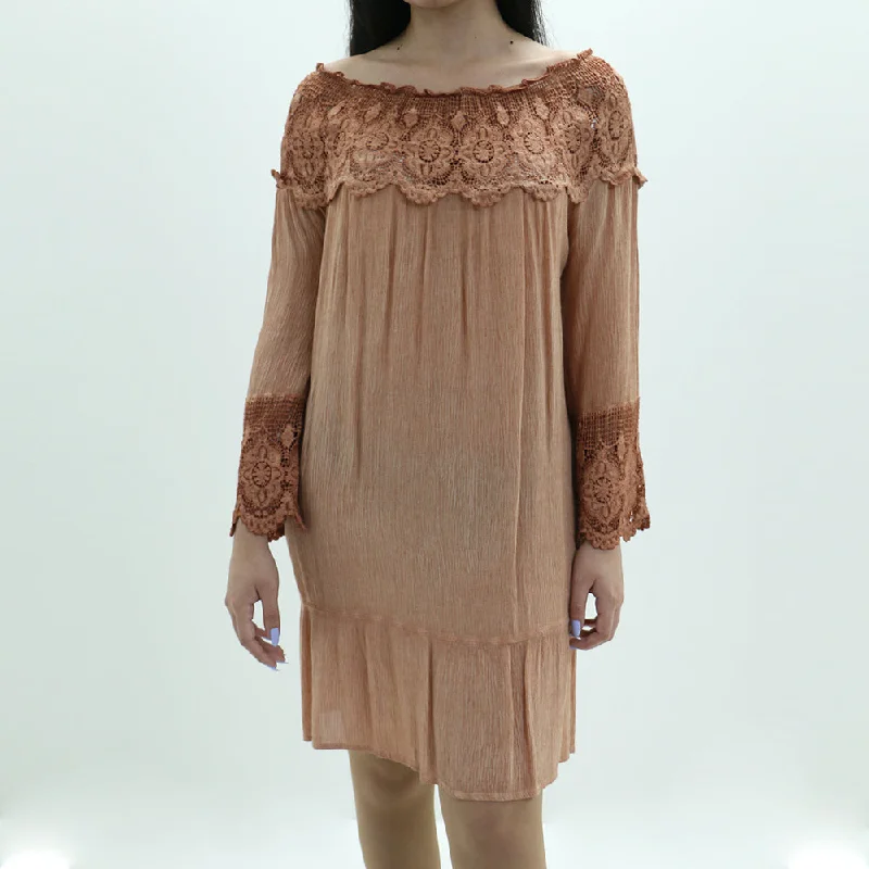 Limited Time Offer Women's Lace Neckline Ruffle Dress,Nude