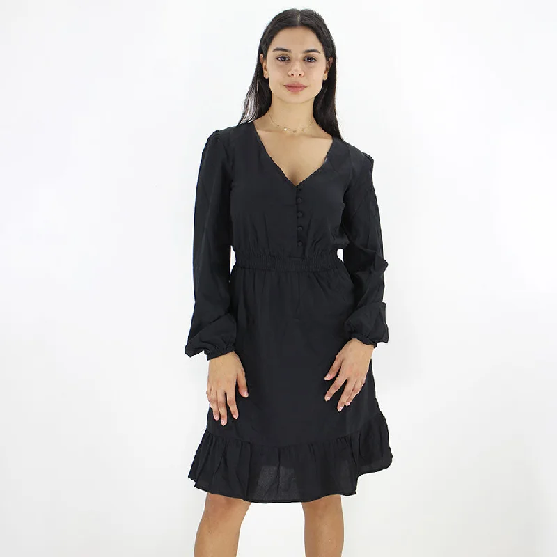 Affordable Women's Clothing Sale Online Women's Plain Ruffled Dress,Black