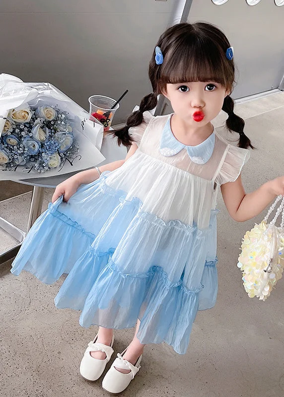 Fashion-Forward Women's Clothing Blue Peter Pan Collar Kids Tulle Long Dresses Summer