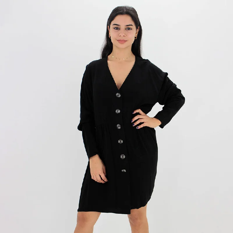 Online Clothing Boutiques Women's Plain Solid Button Flare Dress,Black