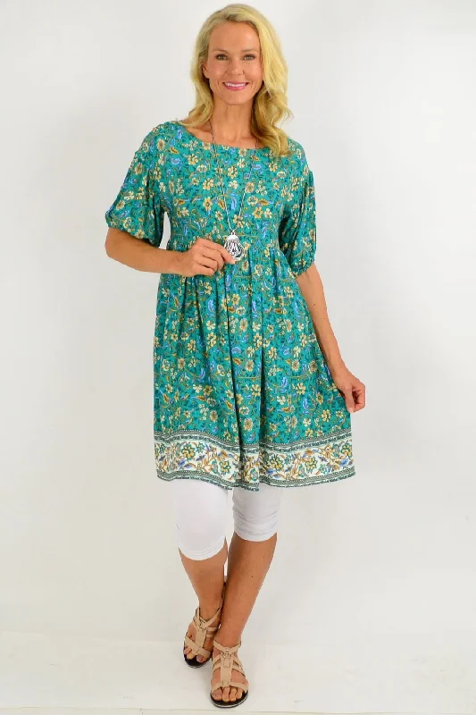 Women's Plus-Size Outfit Emerald Green Puff Sleeve Tunic Dress