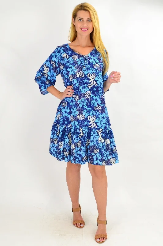 Affordable Luxury Women's Garments Blue Hawaiian Ruffle Sleeve Tunic Dress