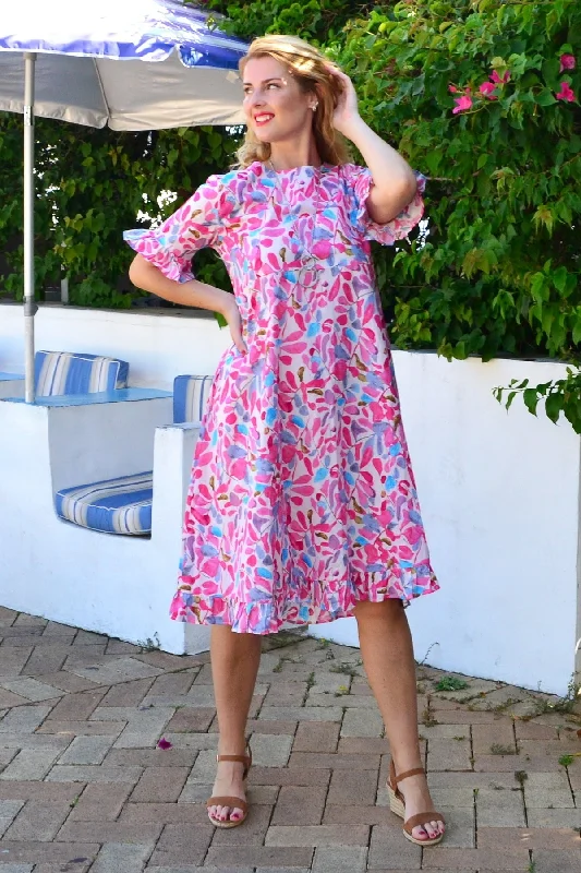 Clearance Sale Pink Blue Leaves Print Summer Dress