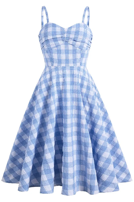 Women's Clothing Online Straps Blue Plaid Swing Dress Holiday Dress