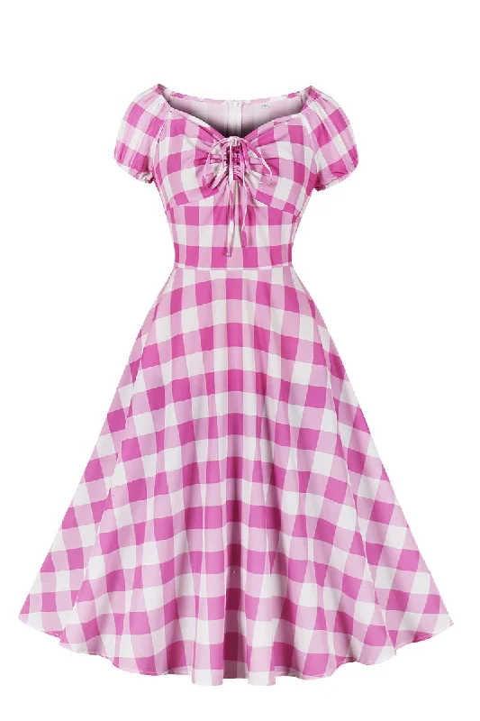 Women's Work Outfit Short Sleeves Pink Plaid Short Dress