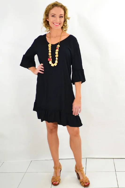 Women's Clothing Sets Black Ruffle 3/4 Sleeve Tunic Dress