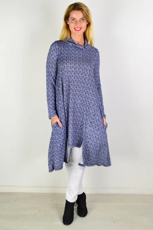 Women's Casual Wear Clothing Blue Stamp Print Tunic Dress