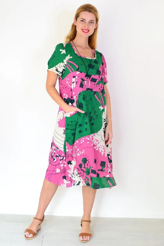 Comfortable Casual Wear Pink Green Paint Splash Tunic Dress