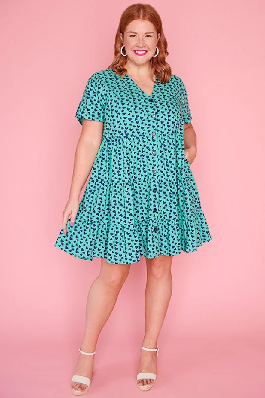 Women's Office Clothing Popping Aqua & Navy Hearts Dress