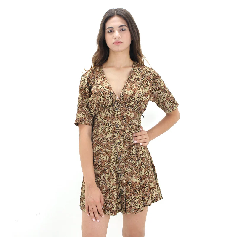 Flash Sale Online Women's Leopard Print Cotton Short Dress,Brown