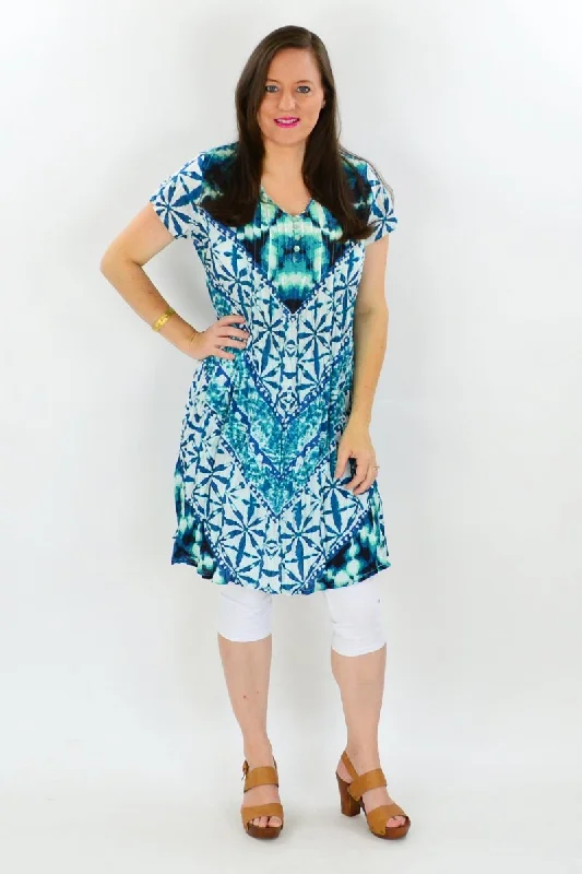 Women's Seasonal Garments Aqua Print Cotton Tunic Dress