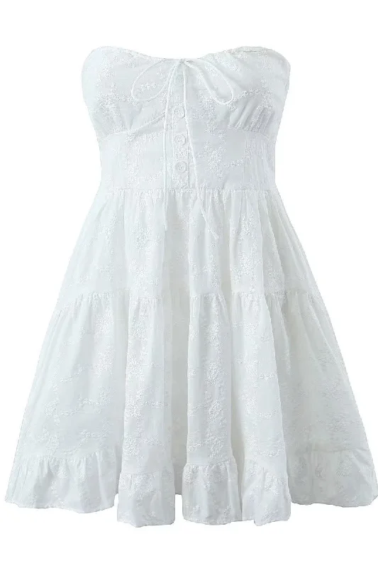 Stylish Women's Clothing Bow Tie White Embroidery Short Dress with Button