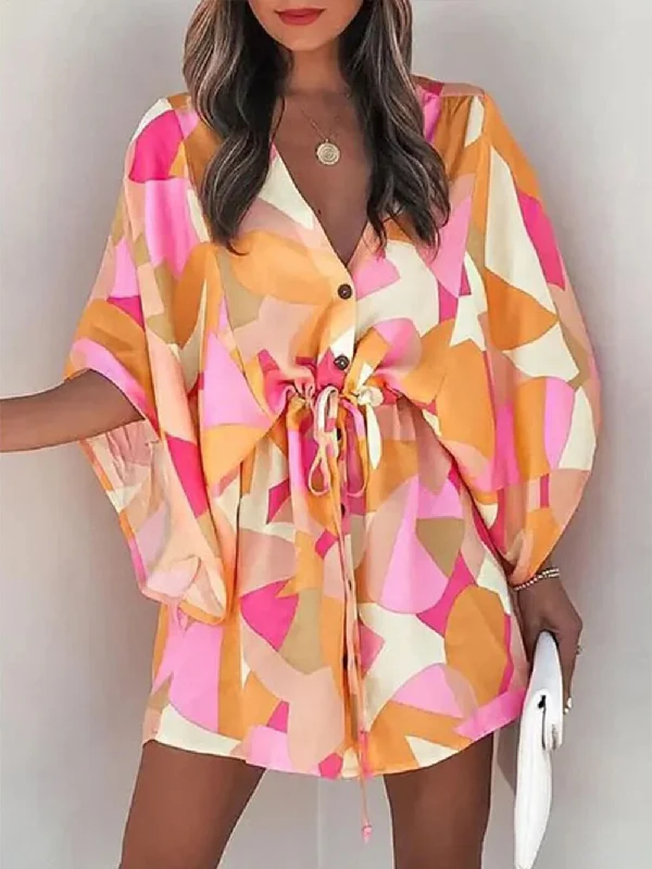 Timeless Women's Clothing V-Neck Tie Printed Charming Batwing Sleeve Dress