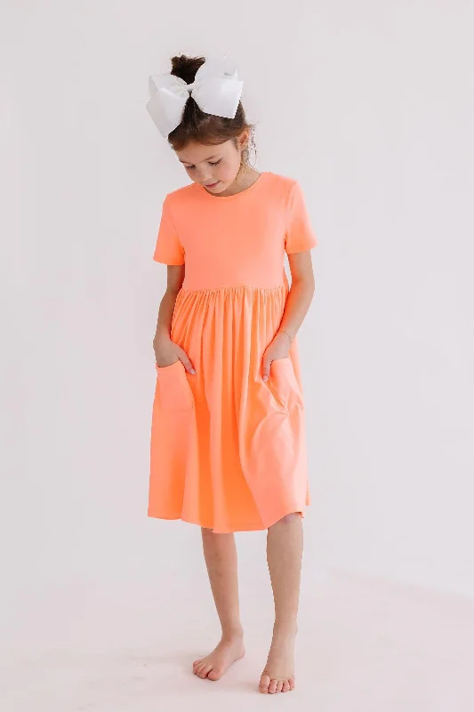 Women's Holiday Outfit Neon Coral S/S Pocket Twirl Dress