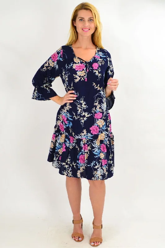 Sporty Streetwear Navy Carnation Flower Sleeve Tunic Dress