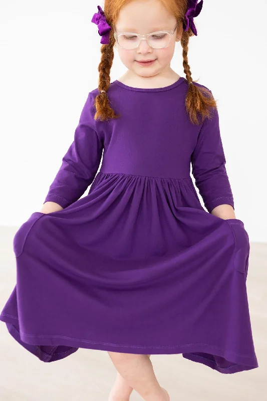 Women's Party Clothes Purple 3/4 Sleeve Pocket Twirl Dress