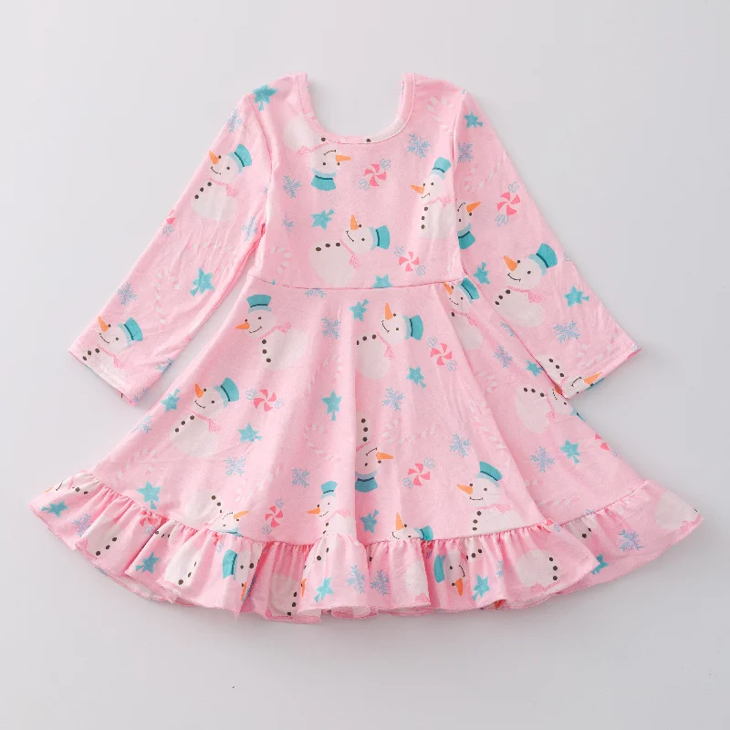 Vintage-Inspired Women's Clothes PINK SNOWMAN RUFFLE DRESS