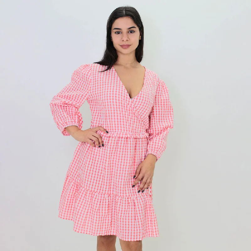 Women's Fashion Clothing Women's Plaid Short Dress,Pink/White