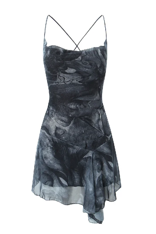 Women's Casual Wear Clothing Straps Black Irregular Hem Printing Short Dress