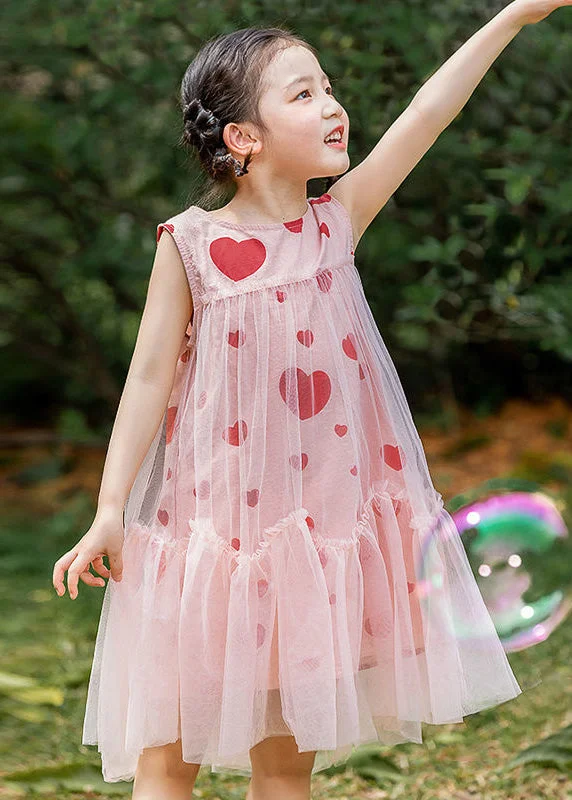 Women's Clothing For Work Fashion Pink Love Print Patchwork Wrinkled Tulle Kids Long Dresses Summer