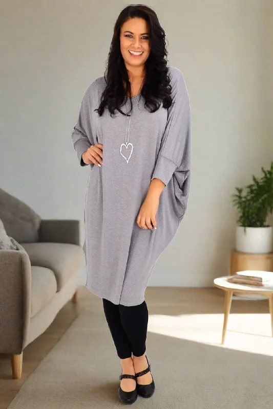 Women's Activewear Garments Silver Grey Oversized Tunic Dress