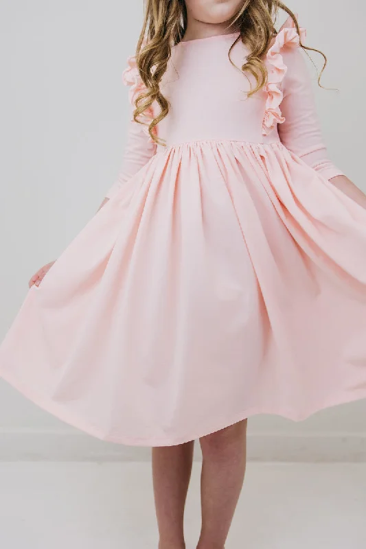 Women's Professional Garments Petal Pink 3/4 Sleeve Ruffle Twirl Dress