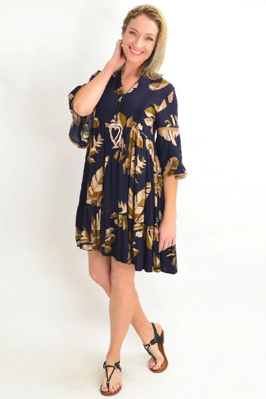 Women Clothes Navy Bell Cuff Tropical Leaf Tunic Dress