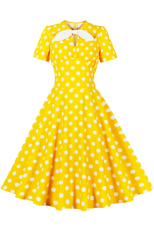 Flash Sale Online Yellow and White Polk Dots Bow Swing Dress