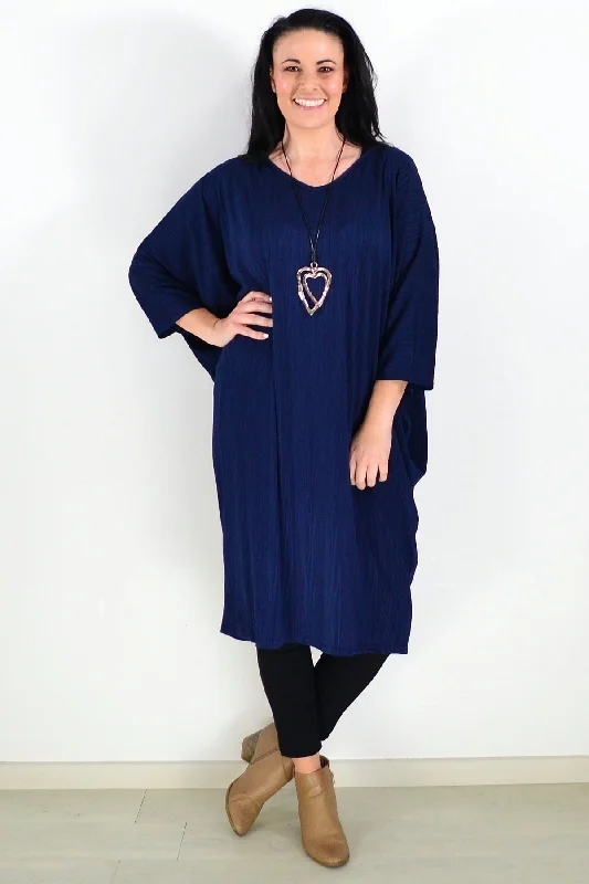 Unique Women's Fashion Pieces Free Size Navy Ribbed Oversized Tunic Dress