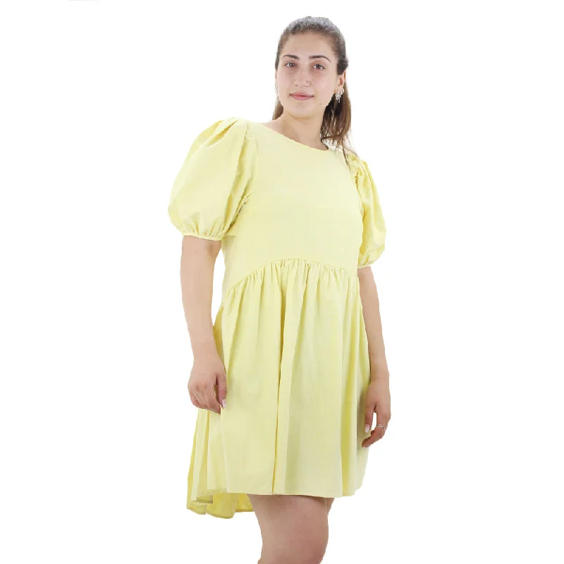 High-Quality Women's Fashion Dresses Women's Open Back Puff Sleeve Solid Dress,Yellow