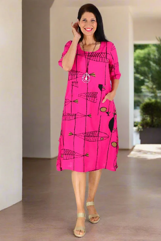 Stylish Women's Garments For Holidays Hot Pink Linen Cotton Print Tunic Dress