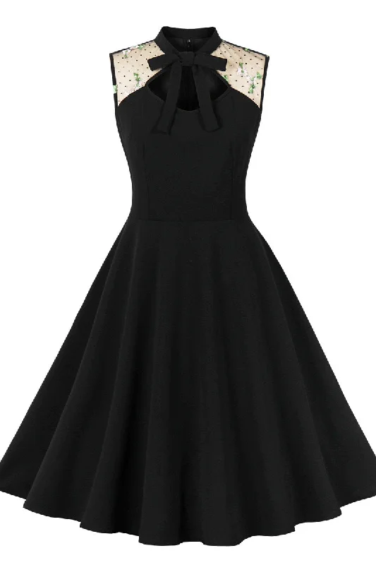 Best Clearance Sales Right Now High Neck Embroidery Black Swing Dress