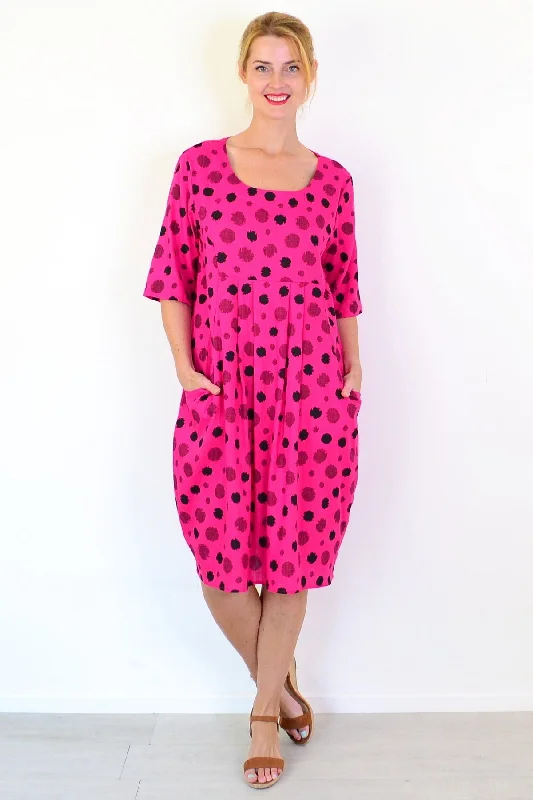 Women's Athletic Garments Hot Pink Dots Linen Blend Tunic Dress