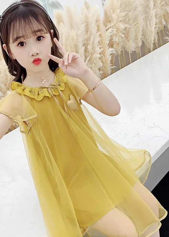 Women's Vintage Garments Fashion Yellow O-Neck Wrinkled Tulle Kids Long Dress Summer