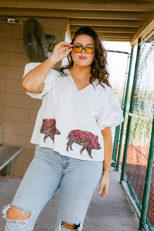 White Peplum Poof Sleeve Top with Razorbacks- Licensed