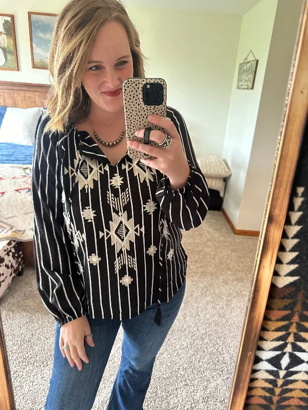 Black Striped Aztec Embroidered Top