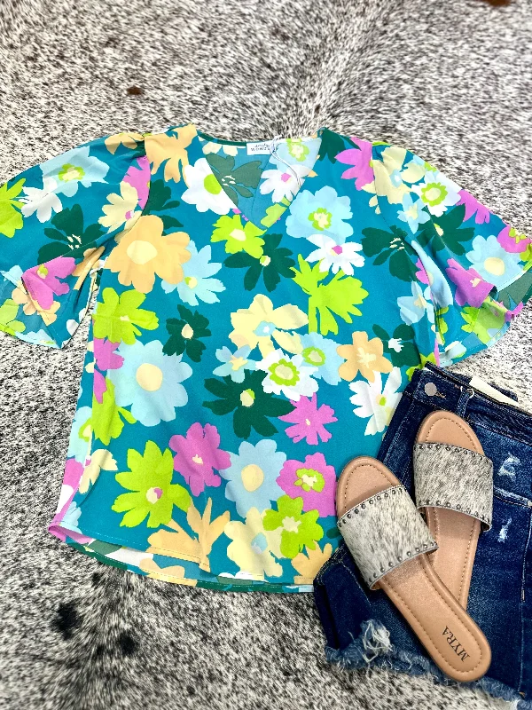 Teal Floral V Neck Top