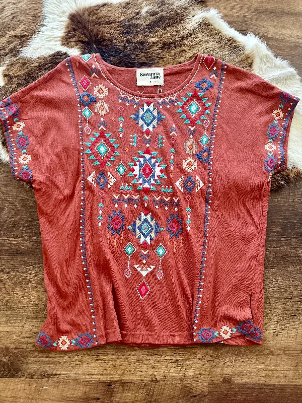 Rust Aztec Embroidered Top