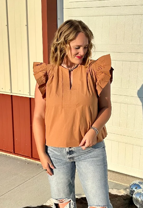 Mocha Flutter Sleeve Poplin Top