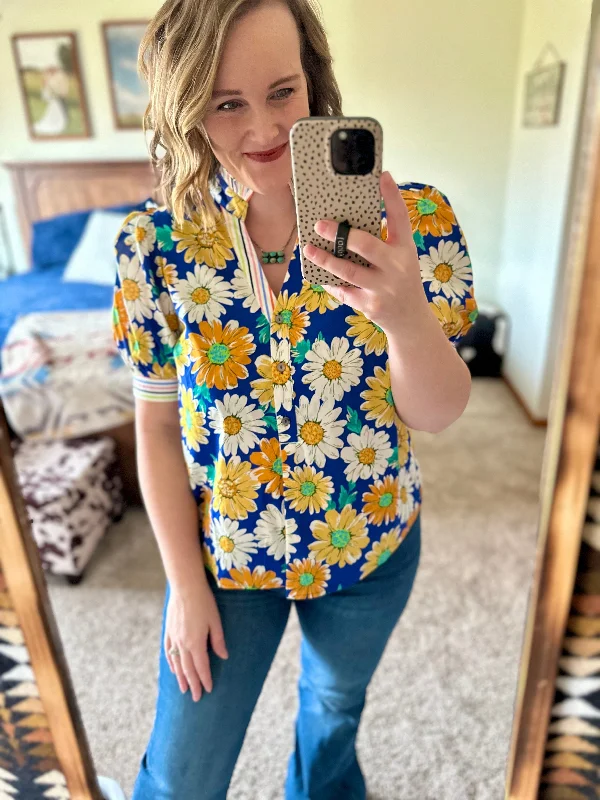 Blue Floral V Neck Top