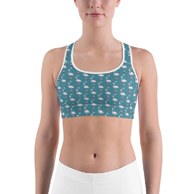 Christmas Flamingo Patterned Sports Bra