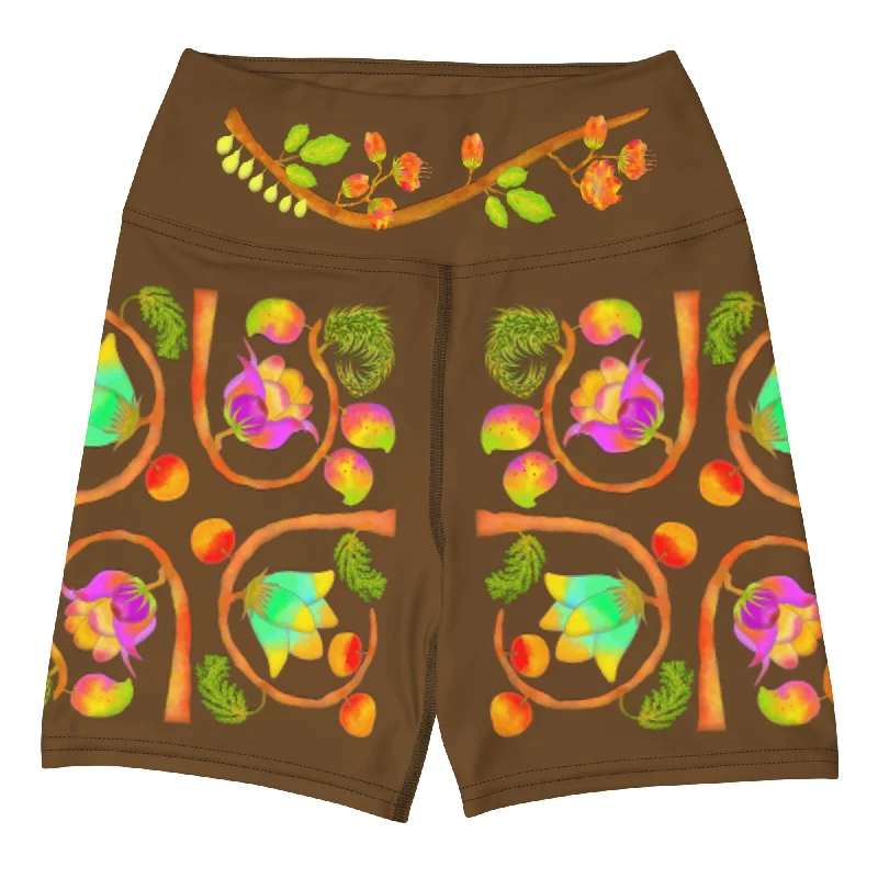 Yoga Shorts - Hand Painted & Digitally Printed on Brown