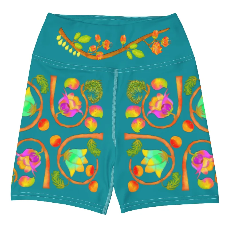 Yoga Shorts - Hand Painted & Digitally Printed on Eastern Blue